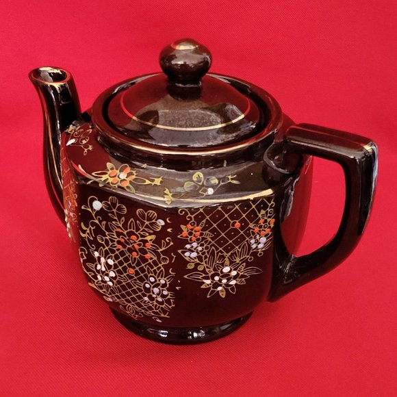 VTG Hand Painted Gold Trim Dark Brown Teapot Made In Japan - Picture 12 of 14